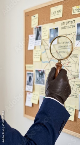 Detective examining evidence board with magnifying glass, planning investigation, copy space