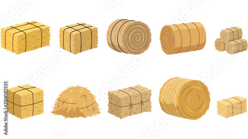 Obraz na płótnie Set of dry hay bales and straw stacks