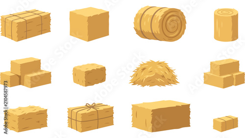 Obraz na plátne Set of hay bales and straw stacks