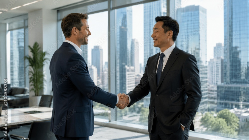 Fototapeta premium Businessmen shaking hands in office with city skyline view