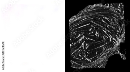 Bild auf Leinwand Crumpled plastic wrap texture on black background, transparent cellophane overla