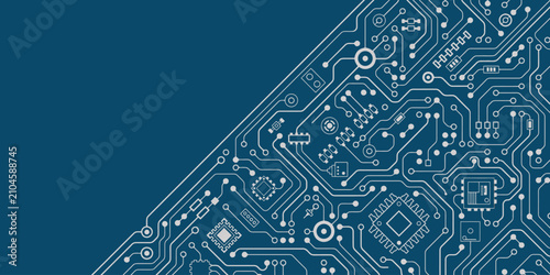 Foto pcb circuit board pattern with microchip and electronic components