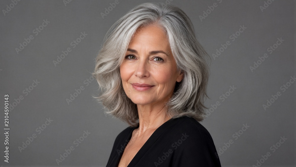 Fototapeta premium Mature woman smiling in relaxed portrait pose on gray background