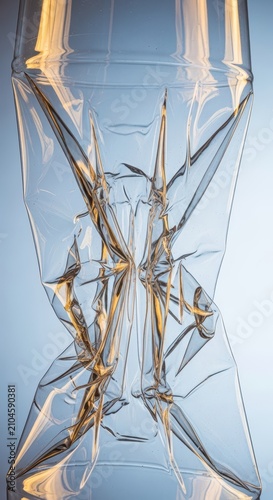 Close-up view of a clear plastic bottle being compressed, showing detailed wrinkles and light reflecting on the distorted transparent surface, liquid, distorted, compress