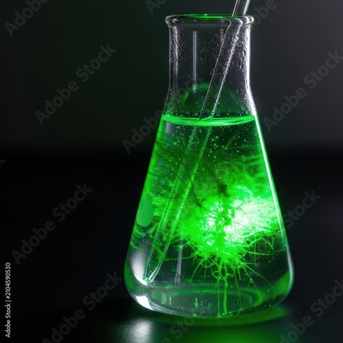 Glowing green microalgae inside a glass laboratory flask, illustrating the process of extracting renewable biofuel from natural aquatic sources, science, fuel, development