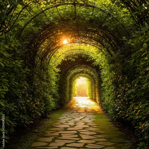 Golden sunlight filters through a lush canopy of leaves, creating a natural tunnel of vibrant summer foliage along a quiet garden path, foliage, rays, path