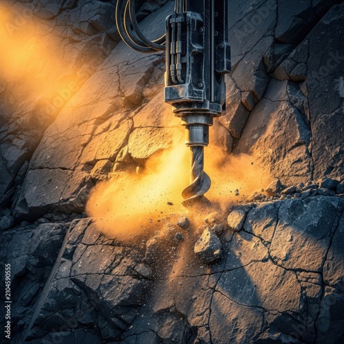 Heavy duty hydraulic drill bit boring into a massive gray rock on a construction site, creating clouds of dust and debris during work, dust, development, hole