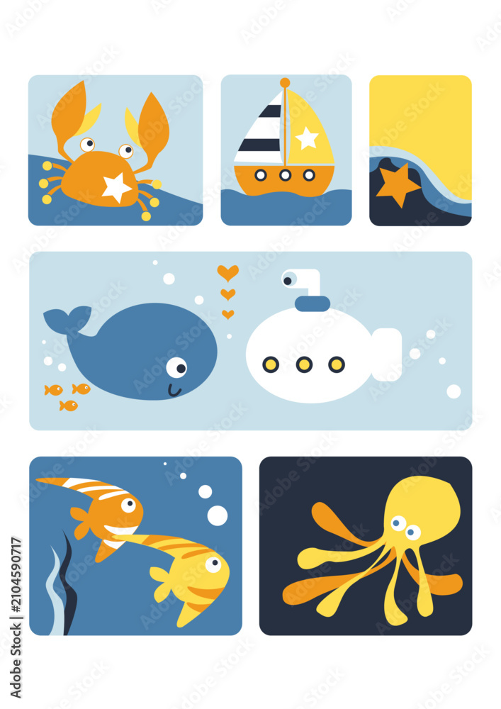 Fototapeta premium Cute Marine Animals Submarine Whale Crab and Octopus Vector Set