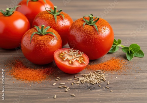 Vibrant red, fresh garden tomatoes heavily seasoned with paprika, cayenne pepper, cumin, and fresh herbs, arranged on a rustic wooden surface, chili, aromatic, Tomato