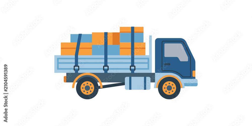 Fototapeta premium Flat vector illustration of a delivery truck loaded with cardboard boxes.