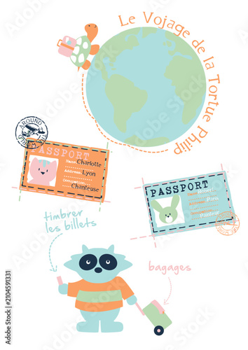 Cute Travel Passport Stamp and Globe Vector Illustration for Kids Voyage