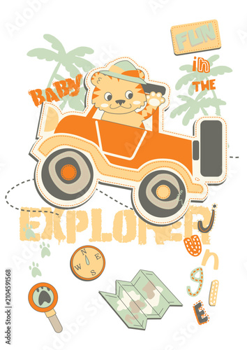 Cute Tiger Driving Safari Car Baby Explorer Vector Illustration