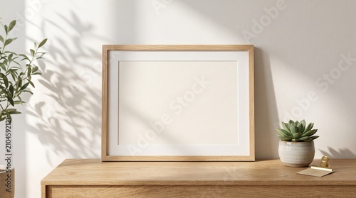 Empty wooden picture frame on a wooden table with a small plant in a bright room with sunlight and leaf shadows on the wall for home decor