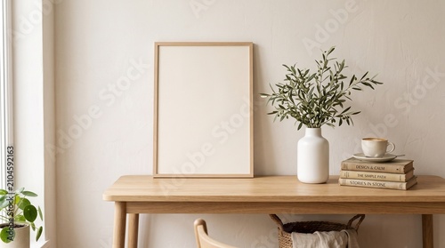 Empty wooden picture frame on a wooden table with a vase of olive branches and stack of books in a bright room with natural morning light