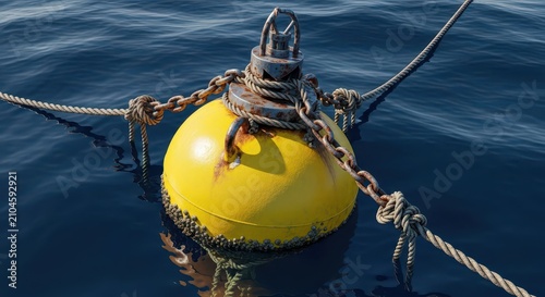 A bright yellow nautical buoy floats on deep blue ocean waves with heavy metal chains and rope rigging showcasing expert maritime seamanship, shipping, ocean, water