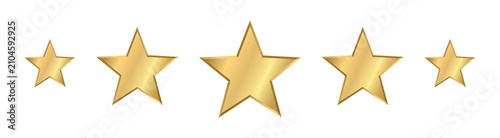 Five thin gold star with metallic effect. 5 elements for awards, medal, rating designation, hotels status. Isolated on transparent background. Customer feedback, review. Vector EPS10