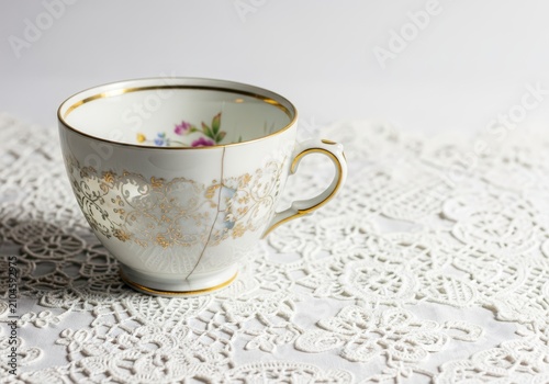 A delicate antique porcelain teacup with thin gold trim rests on an intricate white lace cloth, showing a faint hairline crack on the side, porcelain, fragile, aesthetic