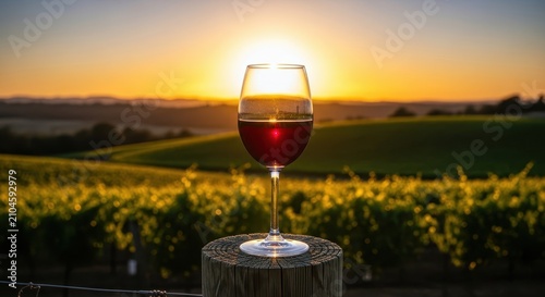 A crystal wine glass filled with deep red wine stands on a wooden post, overlooking lush green vineyard rows during a golden sunset glow, sunlight, vineyard, rustic