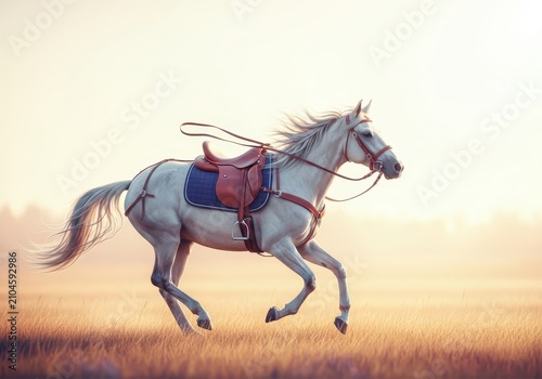 A graceful horse with a leather saddle and bridle runs through a sunlit meadow, capturing the essence of movement and freedom in the wild, countryside, agility, equipment