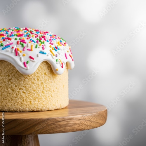 A moist sugar cake topped with thick white frosting and colorful sprinkles sits on a wooden pedestal against a soft, blurred background, kitchen, sugar, party