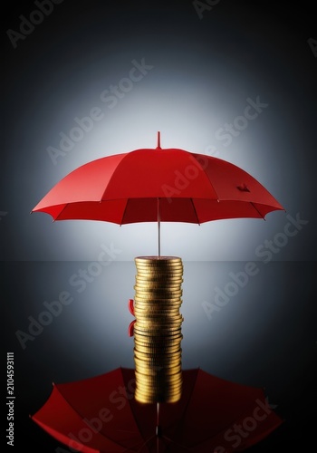 A red umbrella provides shelter to a neat stack of gold coins on a reflective surface, symbolizing financial security and protection, cash, prosperity, saving