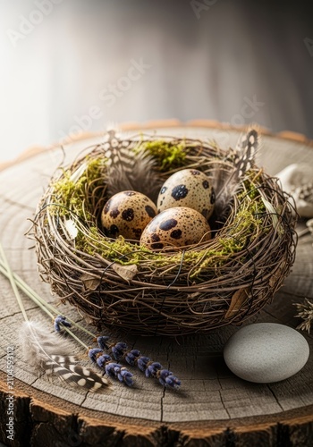 A rustic arrangement featuring brown speckled eggs nestled in a woven bird nest atop a wooden surface with neutral decorative elements, earthy, rustic, speckled