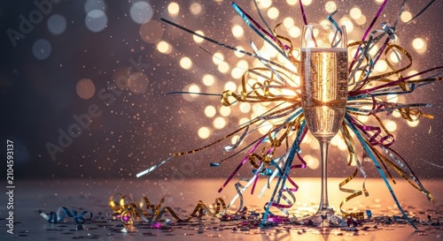 A sparkling champagne glass stands amidst colorful confetti and shimmering streamers, captured in warm light for a festive celebration, luxury, streamers, beverage