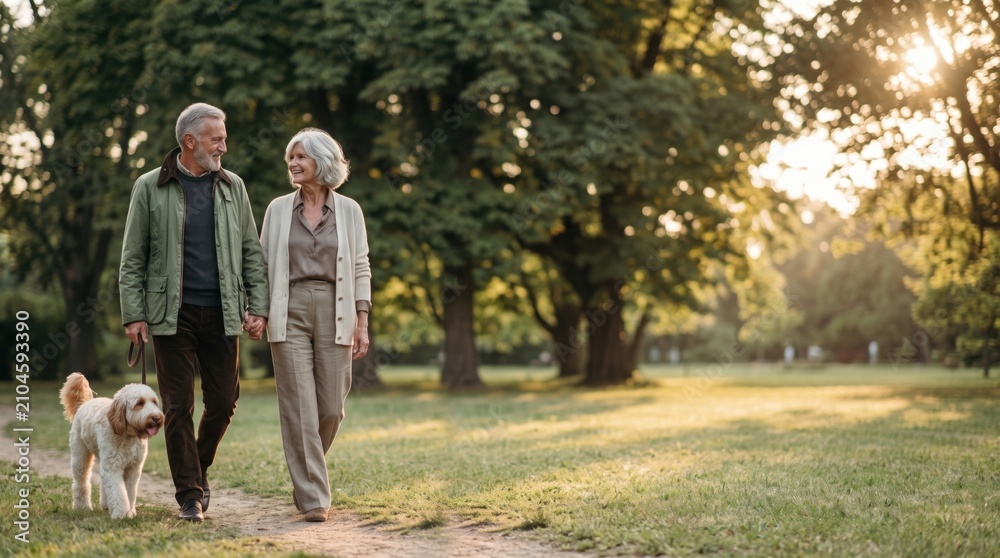 Fototapeta premium Happy senior couple walking with dog in summer park at sunset active elderly family enjoying retirement lifestyle outdoor nature weekend recreation