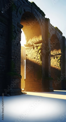 Distressed stone arches and crumbling masonry evoke the feeling of a historical empire, bathed in warm golden light and ancient shadows, vintage, landmark, ruins