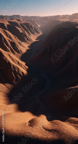 Expansive view of a deep valley filled with rich brown earth, surrounded by rolling hills and dramatic rock formations under soft light, landscape, dirt, valley