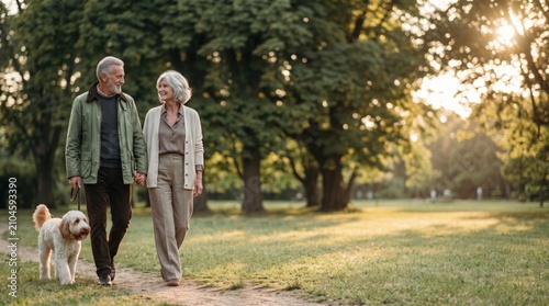 Happy senior couple walking with dog in summer park at sunset active elderly family enjoying retirement lifestyle outdoor nature weekend recreation