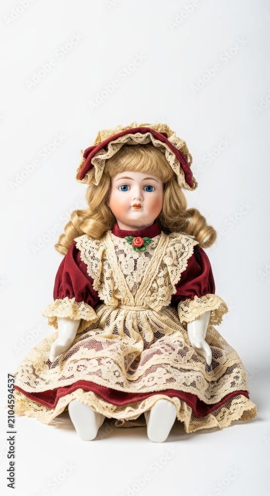 Fototapeta premium A vintage porcelain doll sitting on a seamless white backdrop, featuring intricate lace details, painted facial features, and soft curls, toy, ceramic, lace