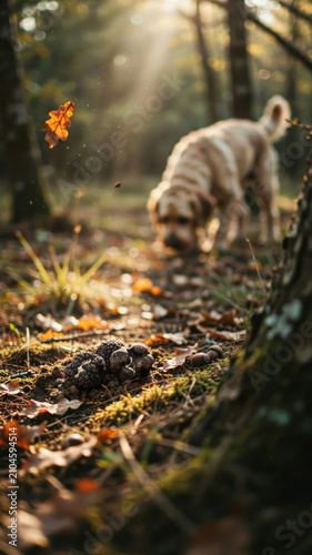 Dog foraging for black truffles in forest with autumn leaves scattered