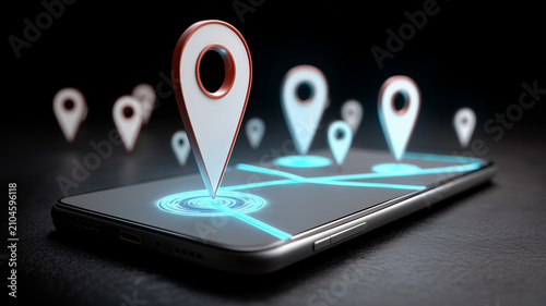 A smartphone displaying multiple location pins across a digital route map, representing mobile navigation, geolocation services, destination tracking and connected travel.
