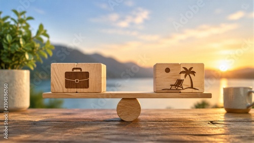 Wooden blocks balancing business and leisure lakeside sunset