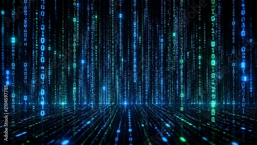 Obraz na płótnie Vertical binary streams descending in illuminated data chamber