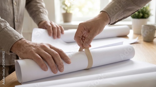 Hands wrapping fabric strap around rolled architectural blueprints on wooden desk