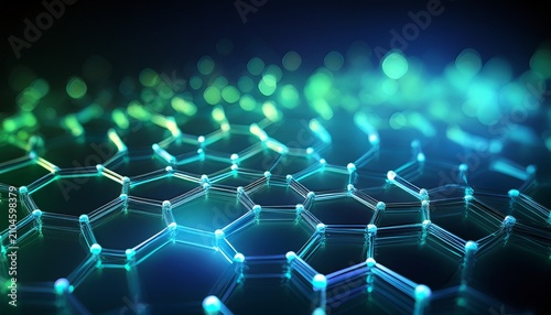 abstract glowing hexagonal molecular structure in blue and green tones on a dark background representing nanotechnology and science