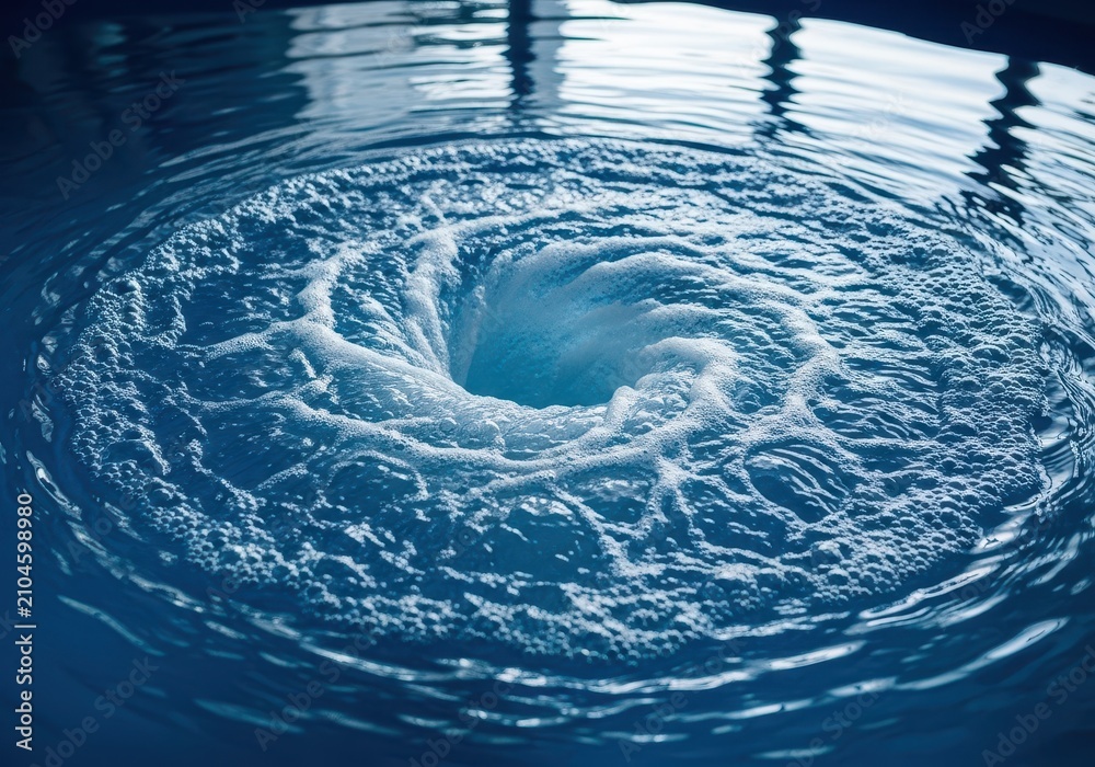 Obraz premium A powerful water vortex swirls in a deep blue pool, creating a dynamic spiral motion with bubbling white foam and clear fluid ripples, spray, whirlpool, abyss