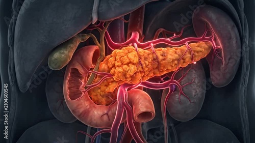 Detailed visualization of pancreatic function highlighting inflammation and disease processes in the human body