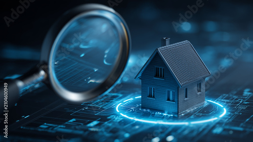 A magnifying glass examines a house on a digital property platform, representing real estate inspection, home valuation, investment research and informed purchasing decisions.
