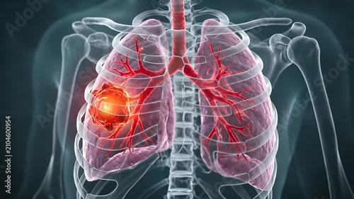 Visual representation of lung anatomy highlighting cardiovascular and respiratory system connections in a semi-transparent human