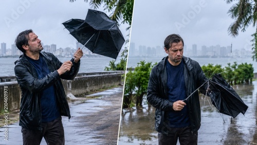 Flimsy umbrella flips inside out in windy rain