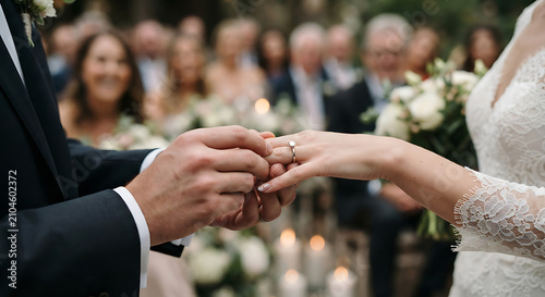 The groom is placing the wedding ring on the bride's finger at the wedding.