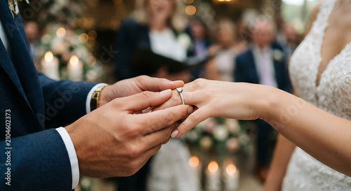 The groom is placing the wedding ring on the bride's finger.