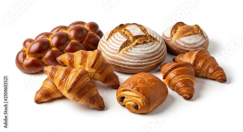 Assorted freshly baked golden breads and sweet flaky pastries arranged neatly on a clean white background, highlighting rustic textures, culinary, tasty, roll