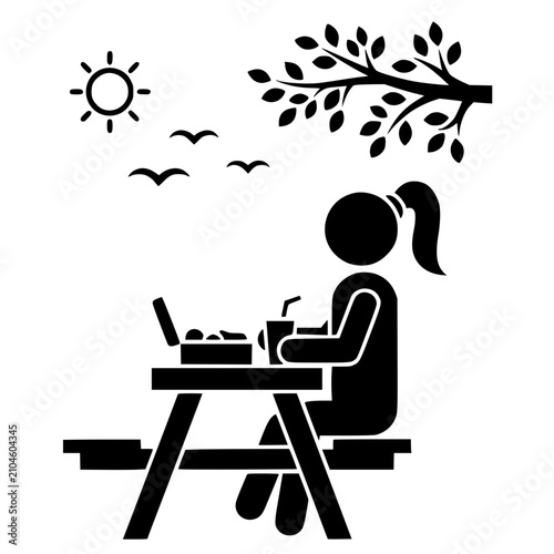 Konstfotografi Stick figure woman eating lunch and drinking at outdoor picnic table vector icon