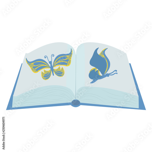 A book spread featuring yellow and blue butterflies. Vector illustration isolated on a white background.