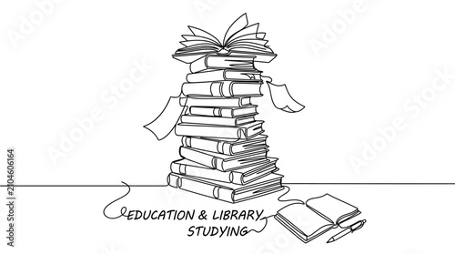 Minimalist continuous line art illustration of vertical stack hardcover books representing education, academic learning, and knowledge in a university library or school classroom study.