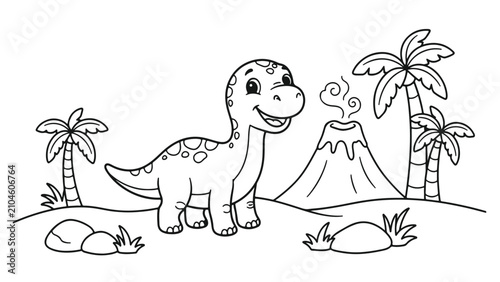Cute cartoon dinosaur coloring page for kids prehistoric landscape with volcano and palm trees vector illustration